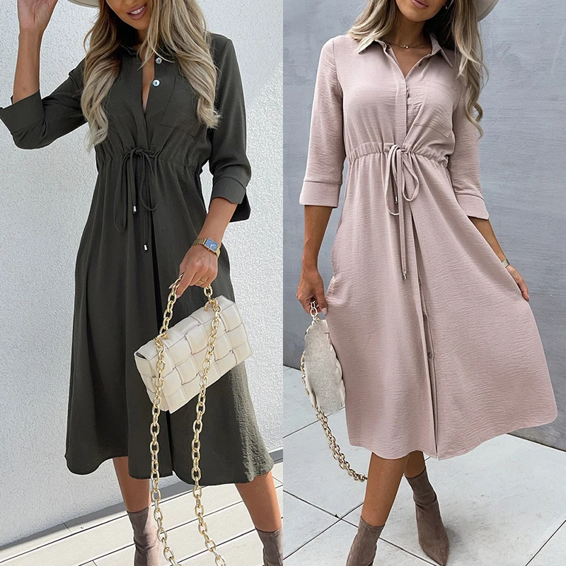 2021 Spring Autumn Turn Down Collar Long Sleeve Drawstring Pocket Design Button Front Shirt Dress Casual Women Office Dress New
2021 Spring Autumn Turn Down Collar Long Sleeve Drawstring Pocket Design Button Front Shirt Dress Casual Women Office Dress New