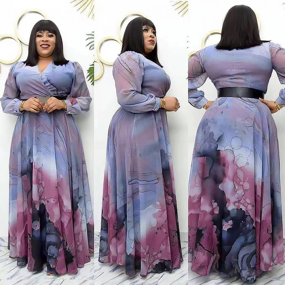 African clothing ink art retro women's clothing new large size V-neck big swing dress KYT20 
African clothing ink art retro women's clothing new large size V-neck big swing dress KYT20