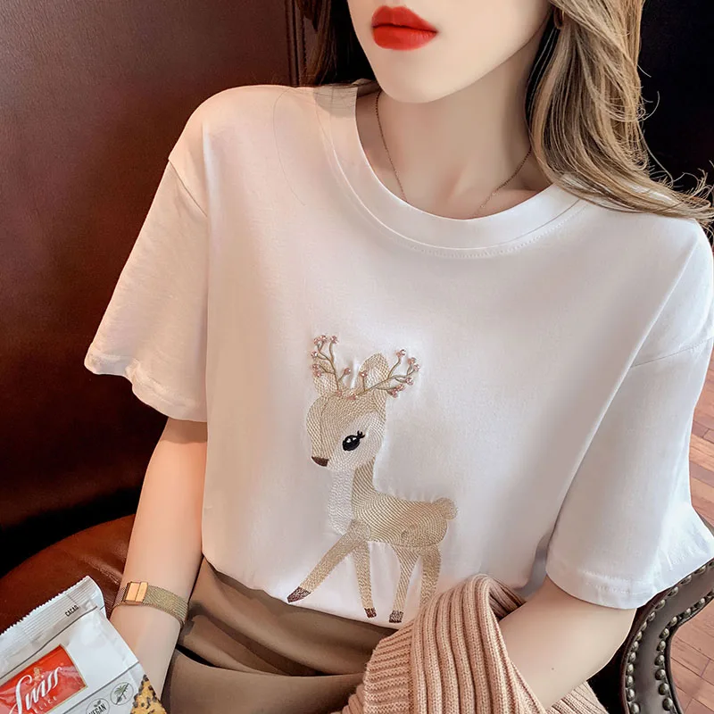 Temperament bead embroidery T-shirt summer 2021 new women's retro deer embroidered spring and summer round neck top
Temperament bead embroidery T-shirt summer 2021 new women's retro deer embroidered spring and summer round neck top
