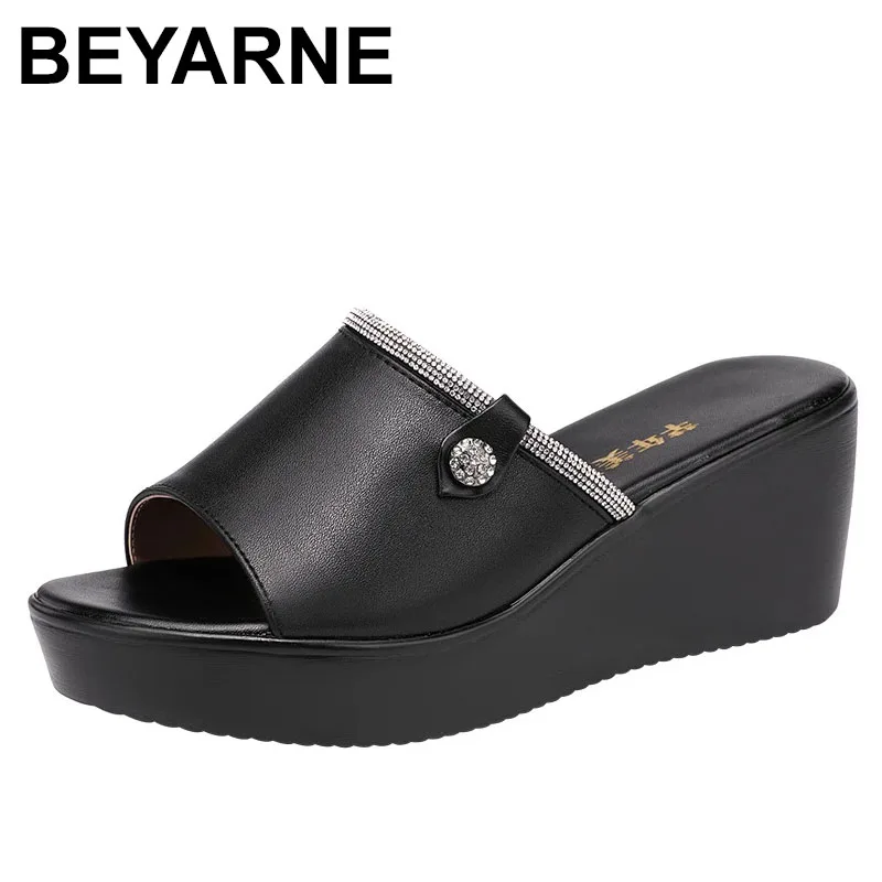 

BEYARNEOpen Toe Rhinestone Platform Slippers Leather Summer Shoes 2021 Elegant High Heels Wedges Slides Women Office Big Size