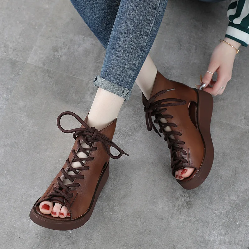 Women Leather Boots Sandals Peep Toe Lace Up Retro Summer Shoes Low Heels Handmade Genuine Leather Women Ankle Boots 2021 Ladies 
Women Leather Boots Sandals Peep Toe Lace Up Retro Summer Shoes Low Heels Handmade Genuine Leather Women Ankle Boots 2021 Ladies