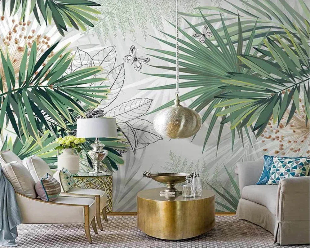 

beibehang Custom Nordic hand painted tropical plants fresh rainforest palm leaf indoor background wallpaper papier peint