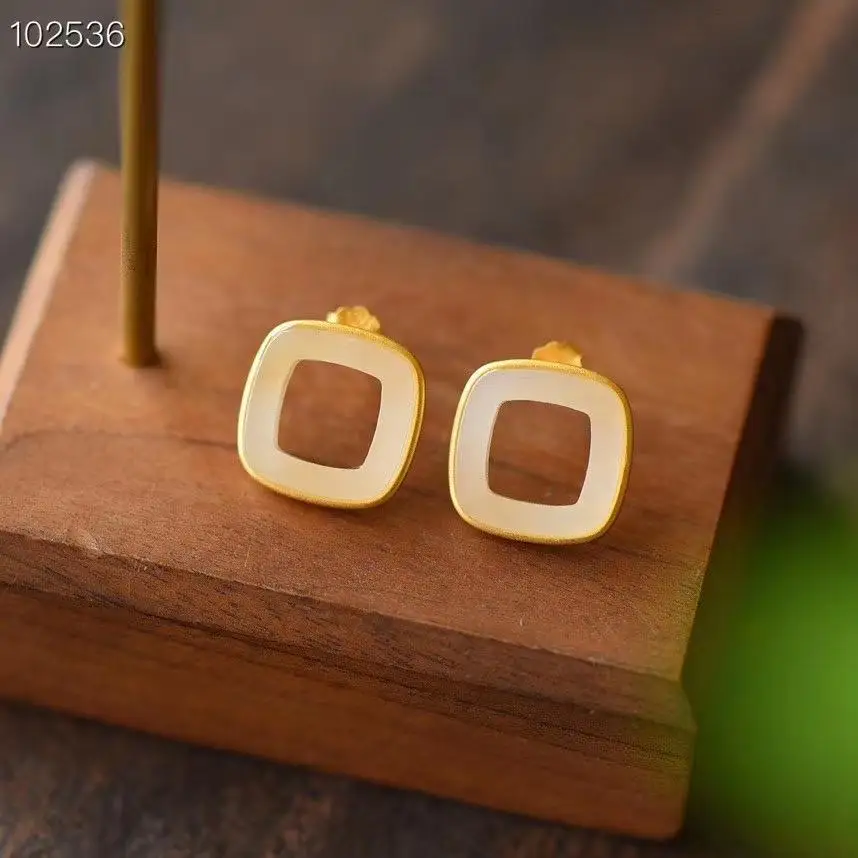Natural Hetian Jade Ear Studs Simple Cold Style High-Grade Square Earrings Women's Geometric Fashion Personality Earrings Sterli
Natural Hetian Jade Ear Studs Simple Cold Style High-Grade Square Earrings Women's Geometric Fashion Personality Earrings Sterli