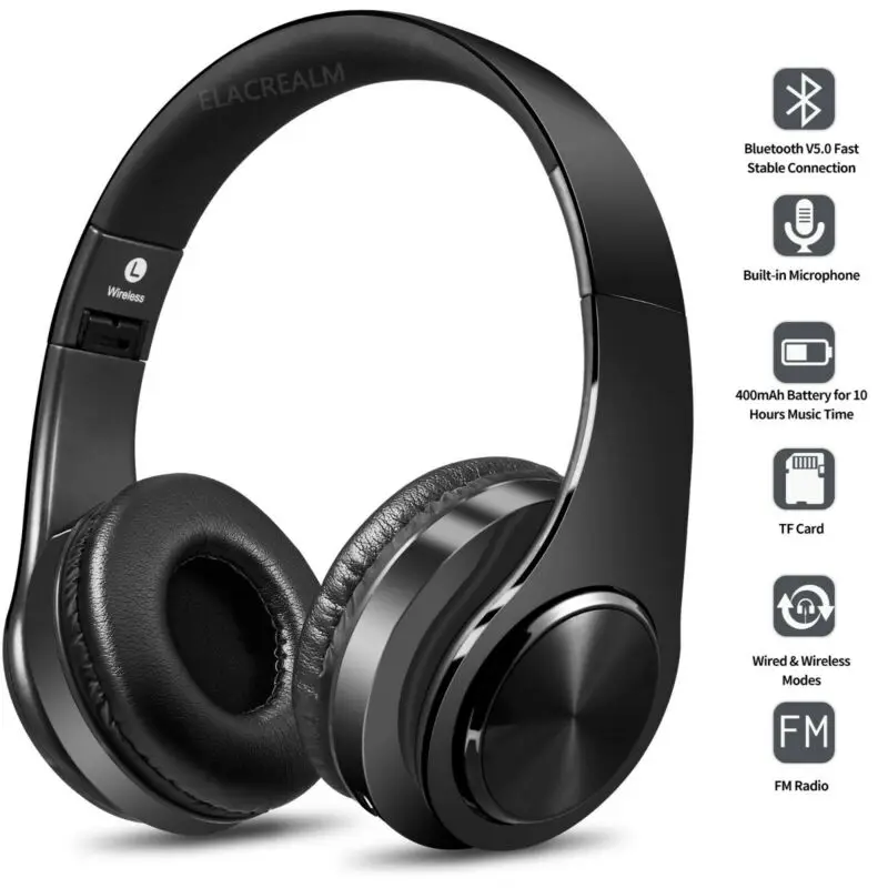 Беспроводные Bluetooth-наушники, складные стереонаушники со встроенным микрофоном, черные
Беспроводные Bluetooth-наушники, складные стереонаушники со встроенным микрофоном, черные