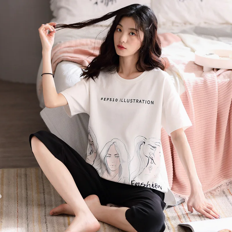 Пижама женская из чистого хлопка, с коротким рукавом и принтом
Пижама женская из чистого хлопка, с коротким рукавом и принтом