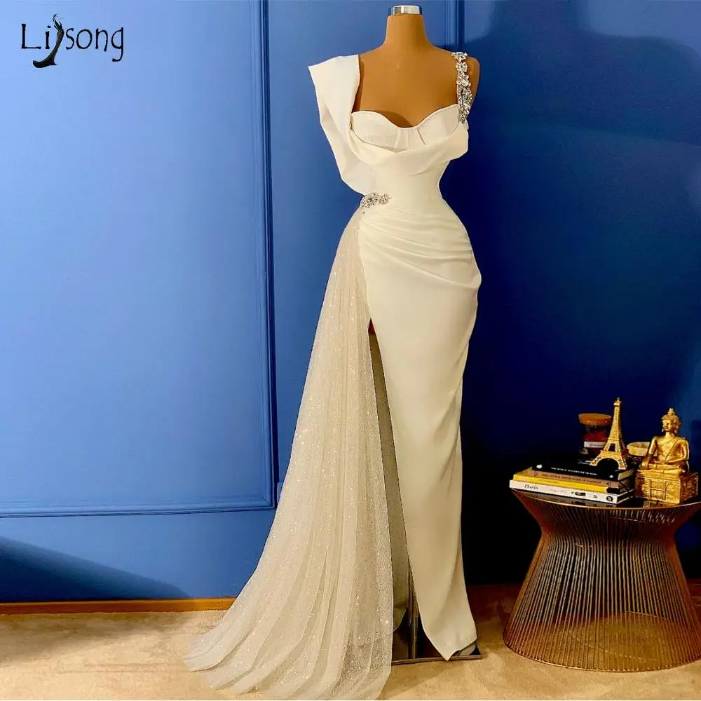 Elegant Split White Evening Dresses 2020 Long Mermaid Evening Gowns With Tulle Wrap Train Crystal Formal Dresses Real Image
Elegant Split White Evening Dresses 2020 Long Mermaid Evening Gowns With Tulle Wrap Train Crystal Formal Dresses Real Image