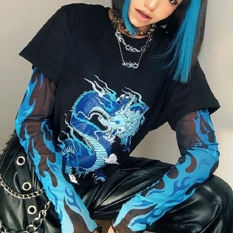HEYounGIRL огонь принт Harajuku футболка женская Y2K в стиле пэчворк черный дракон для