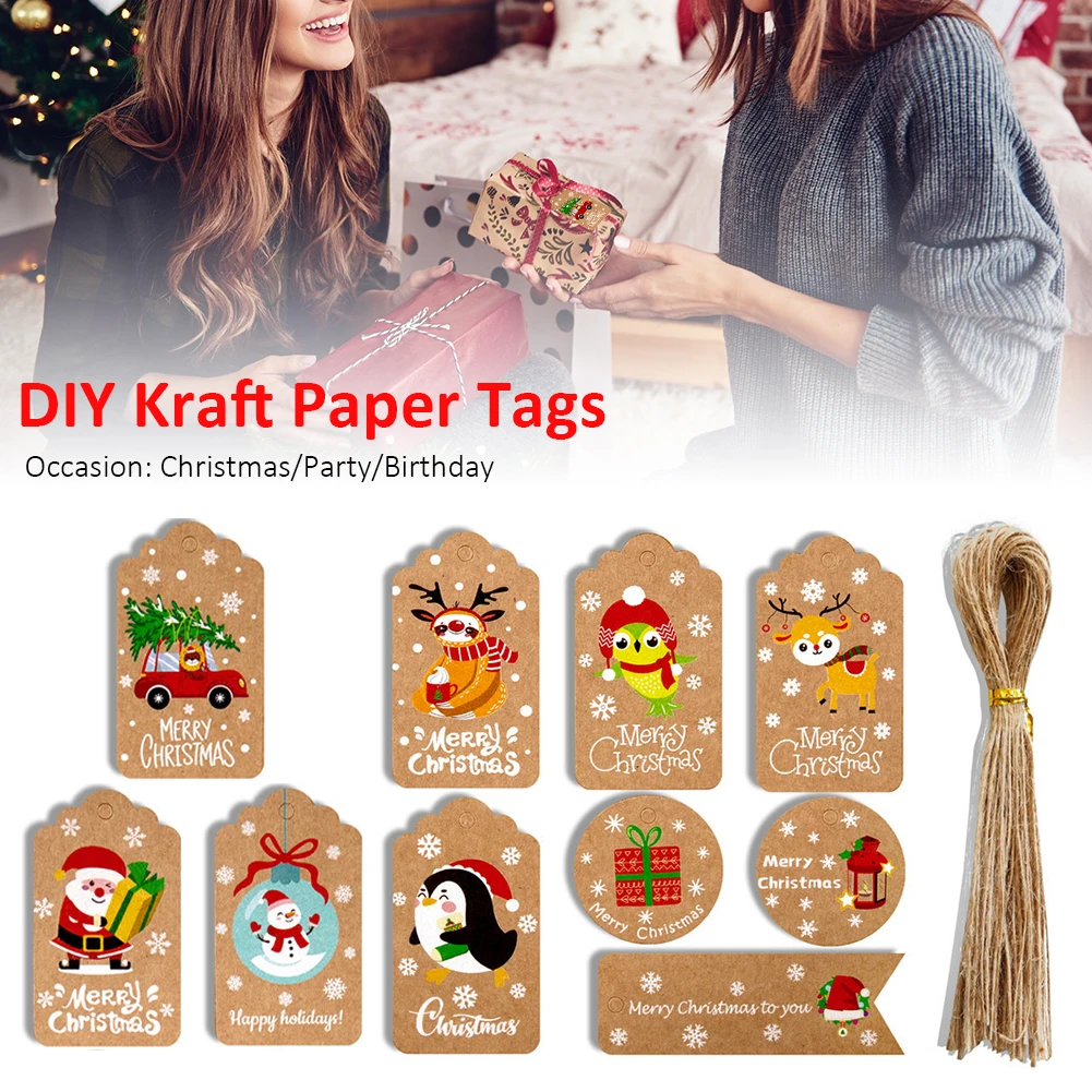 

50Pcs Merry Christmas Kraft Paper Tags DIY Handmade Gift Wrapping Paper Labels Santa Claus Hang Tag Ornaments New Year Decor