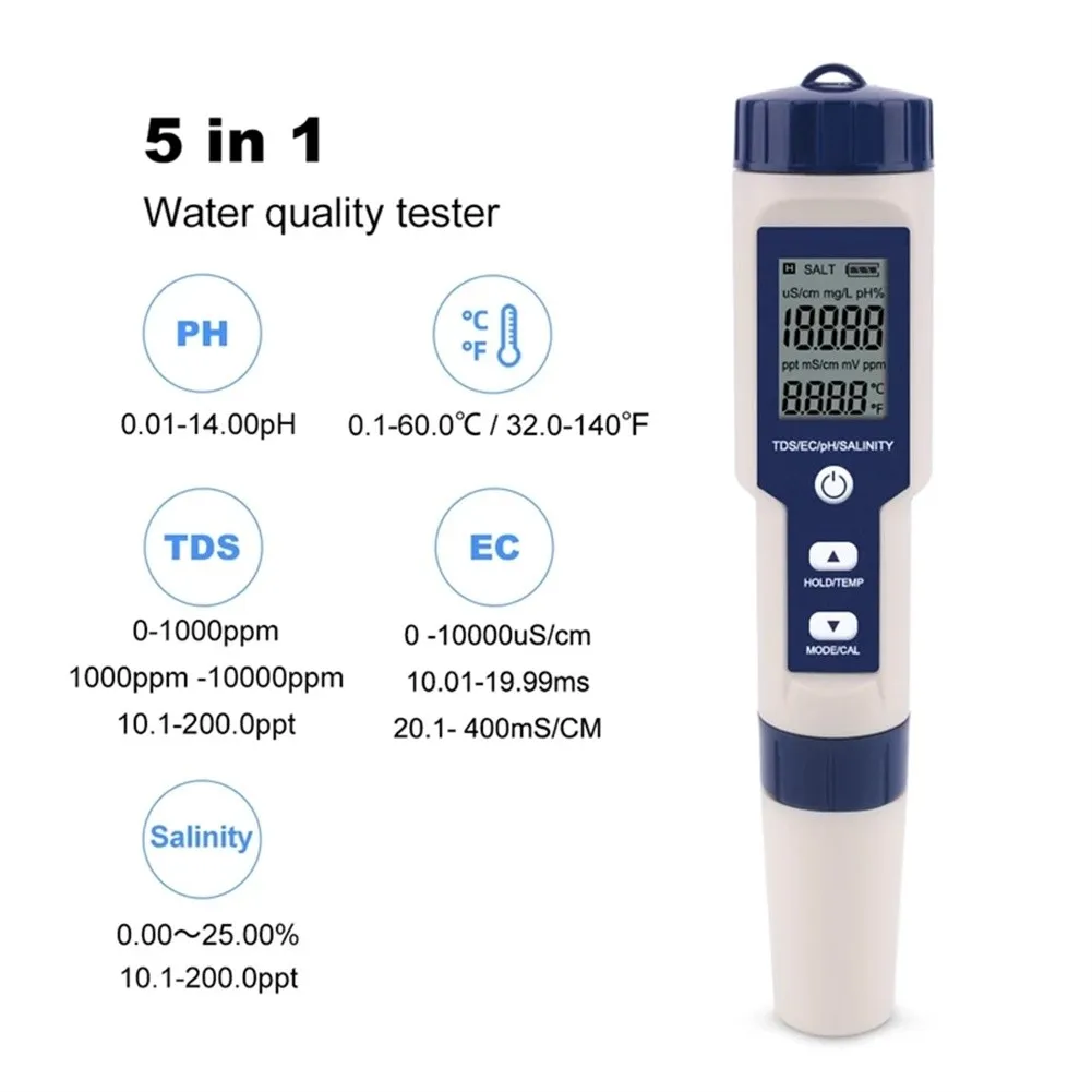 Digital PH Meter 5 In 1 EC/Salinity/Temperature High Precision 0.01-14.00PH For Water Quality Tester For Aquarium Swimming Pool
Digital PH Meter 5 In 1 EC/Salinity/Temperature High Precision 0.01-14.00PH For Water Quality Tester For Aquarium Swimming Pool