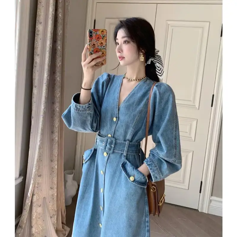 Women Autumn Winter Casual Dresses Female Elegant Solid Color Long Sleeve V-Neck Loose Denim Dress Ladies Streetwear Vestido A50
Women Autumn Winter Casual Dresses Female Elegant Solid Color Long Sleeve V-Neck Loose Denim Dress Ladies Streetwear Vestido A50
