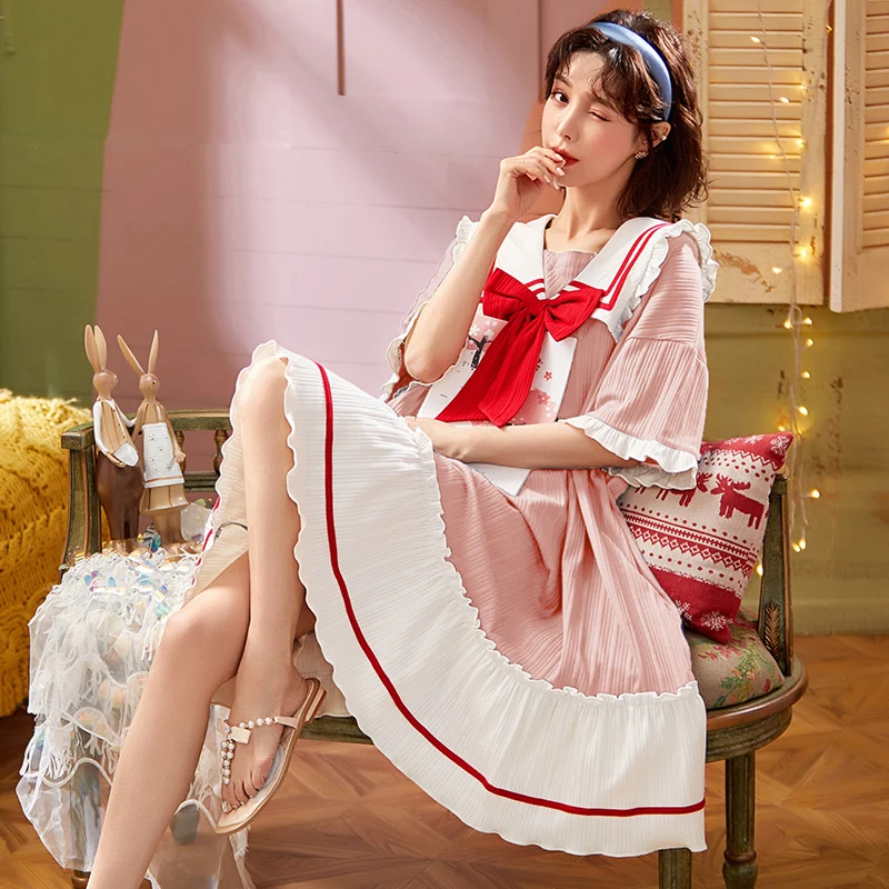 Summer Women Kawaii Pink Sleep Dress Sweet Navy Collar Bows Nightgown Cotton Plus Size Short Sleeve Knee-Lenght Girls Nightdress
Summer Women Kawaii Pink Sleep Dress Sweet Navy Collar Bows Nightgown Cotton Plus Size Short Sleeve Knee-Lenght Girls Nightdress
