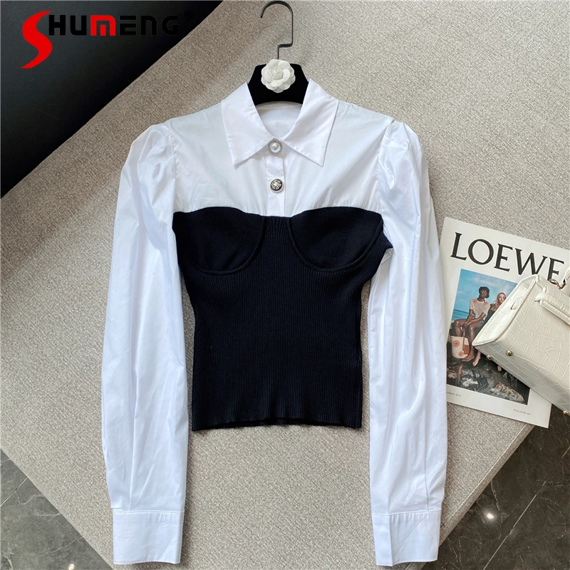 2021 Autumn New Knitted Stitching Rhinestone Buckle Shirt for Women Fashion Polo Collar Long Sleeve Pullover Blouse Female
2021 Autumn New Knitted Stitching Rhinestone Buckle Shirt for Women Fashion Polo Collar Long Sleeve Pullover Blouse Female