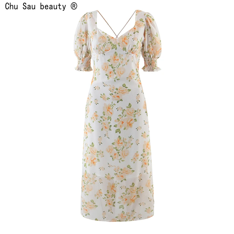 French Vintage 2022 New Seaside Holiday Style Puff Sleeveless Backless Hollow Out Lace-Up Floral Print Dress Women Vestido
French Vintage 2022 New Seaside Holiday Style Puff Sleeveless Backless Hollow Out Lace-Up Floral Print Dress Women Vestido