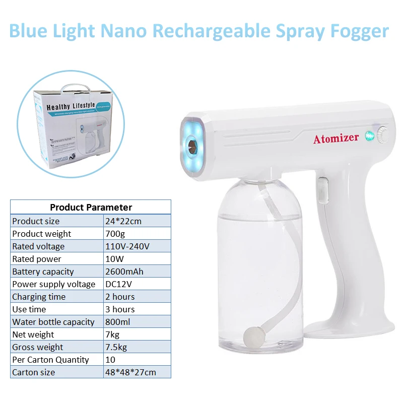 Wireless Rechargeable Disinfection Fogger Machine Nano Atomization Sprayer Gun 800ml Capacity Portable Battery Powered Fogger 
Wireless Rechargeable Disinfection Fogger Machine Nano Atomization Sprayer Gun 800ml Capacity Portable Battery Powered Fogger