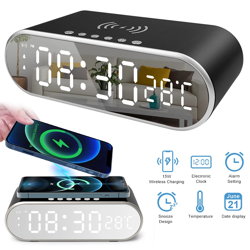 LED Electric Alarm Clock With Wireless Charger Desktop Digital Thermometer Clock HD Clock Mirror With Time Memory
LED Electric Alarm Clock With Wireless Charger Desktop Digital Thermometer Clock HD Clock Mirror With Time Memory