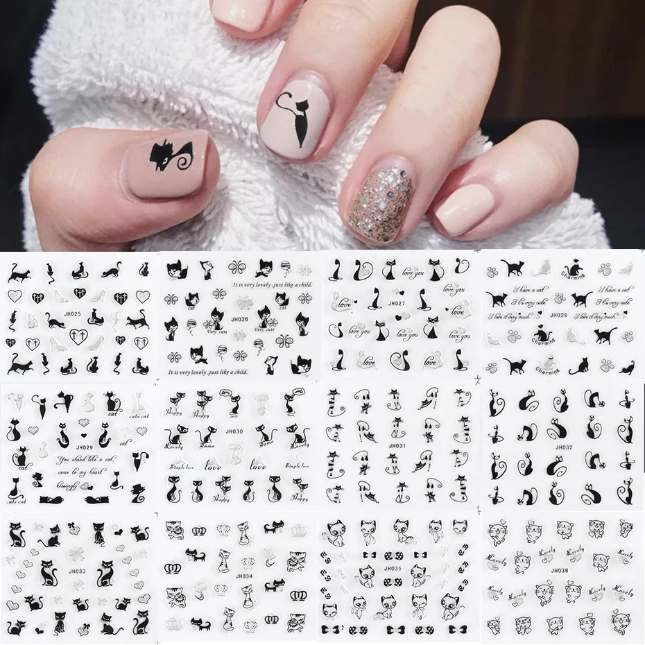 12 шт Nail Art Наклейки черный прозрачный милый Кот настенные наклейки-слайдеры