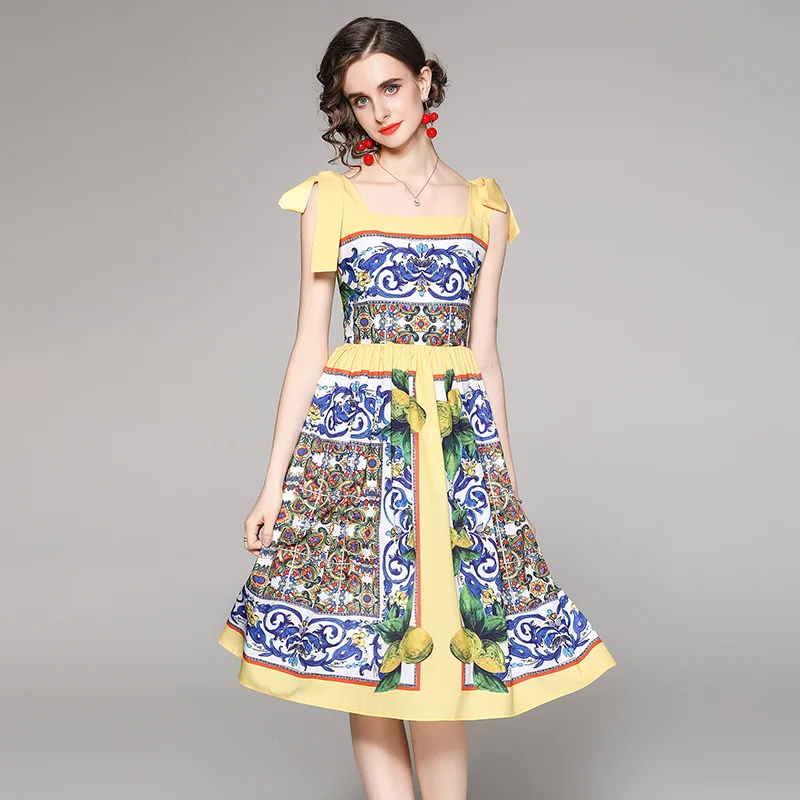 2022 New Summer Fashion Temperament Vestidos Women's Collar Ethnic Style Print Lace Sling Midi Dress DF361
2022 New Summer Fashion Temperament Vestidos Women's Collar Ethnic Style Print Lace Sling Midi Dress DF361