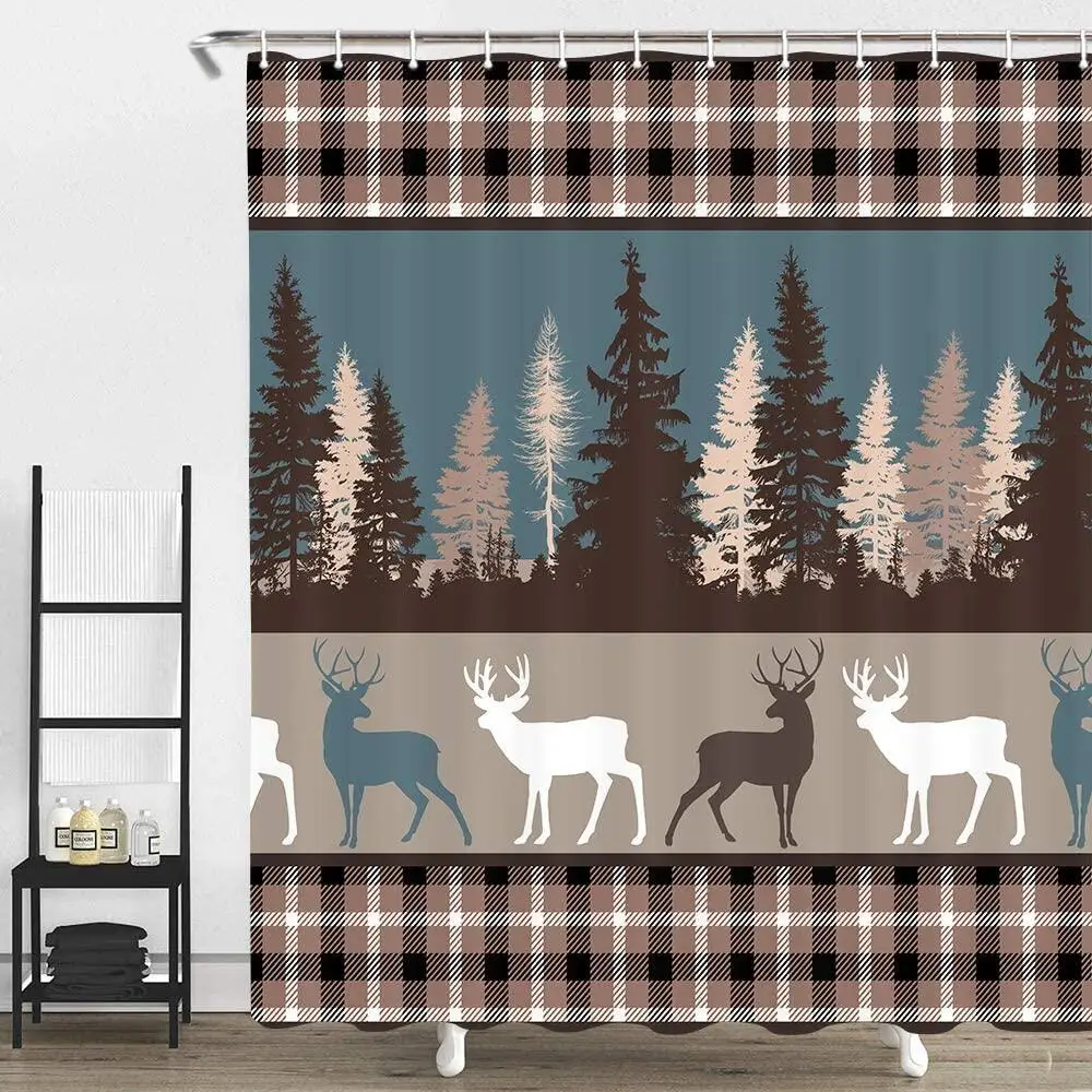 

Deer Buffalo Plaid Cabin Shower Curtains, Elk in Pine Forest Wildlife Woodland Camo Bath Curtain Set Bathroom Decor with Hooks