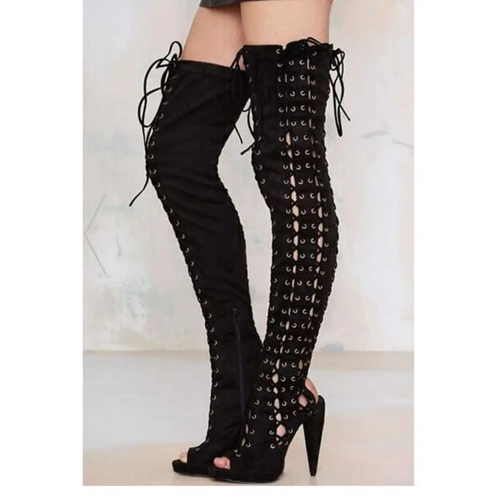 

Open Toe Black Suede Leather Over Knee Gladiator Boots Spring New Fashion Women Cut-out Spike Heel Long Boots Sexy Shoes