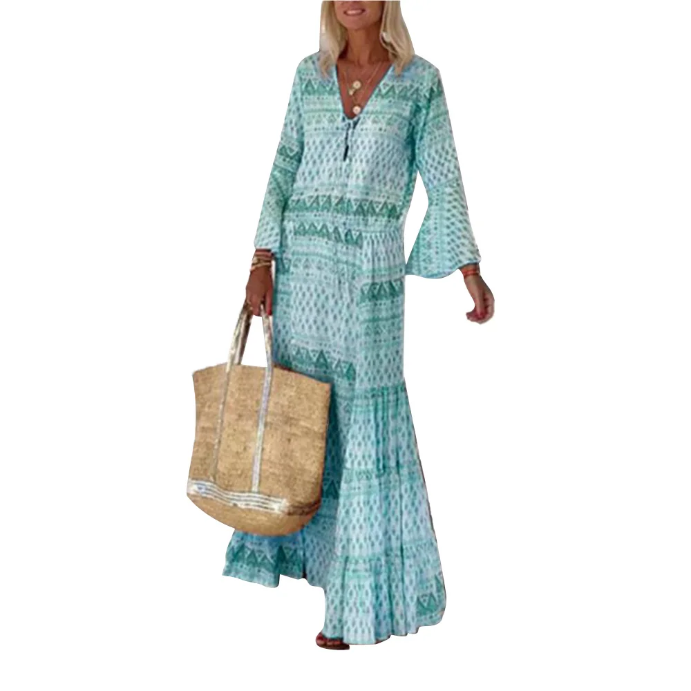 Long Boho Printed Flare Sleeve Women Dress Lace Up Maxi Dress Summer Sundress Holiday Beach Party Vestido De Mujer
Long Boho Printed Flare Sleeve Women Dress Lace Up Maxi Dress Summer Sundress Holiday Beach Party Vestido De Mujer