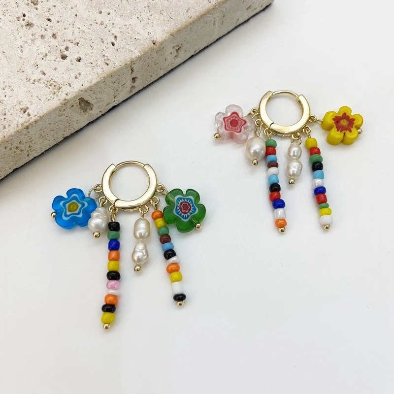 

MENGJIQIAO Fashion Coloured Glaze Flower Beads Hoop Earrings For Women Elegant Freshwater Pearl Tassel Boucle d'oreille Jewelry