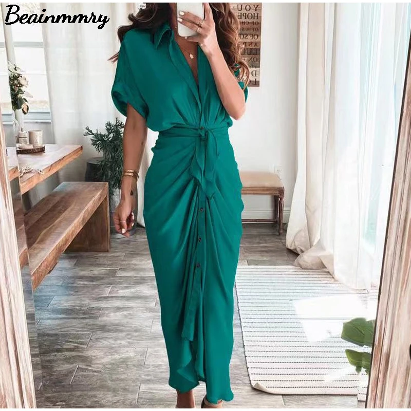 Fashion Casual Short Sleeve Solid V Neck Beach Maxi Dress Women Summer Elegant Button Ruched Bandage Shirt Dress
Fashion Casual Short Sleeve Solid V Neck Beach Maxi Dress Women Summer Elegant Button Ruched Bandage Shirt Dress