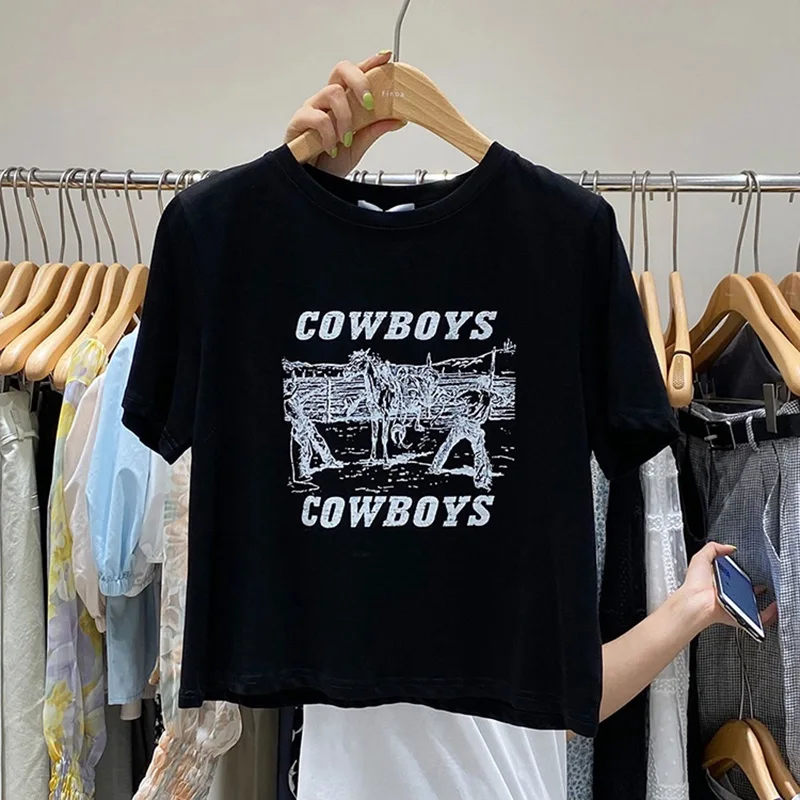 Cotton T-Shirt Summer Female Korean Harajuku Style Casual O-Neck Short Sleeve Cowboys Print Pattern Student Fashion Women Tops 
Cotton T-Shirt Summer Female Korean Harajuku Style Casual O-Neck Short Sleeve Cowboys Print Pattern Student Fashion Women Tops