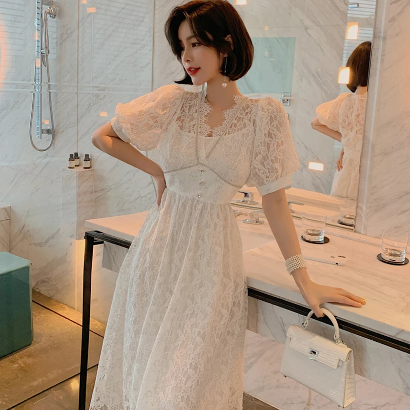 new arrival fashion party dress women elegant summer lace puff sleeve simple temperament office lady white slim a-line dress
new arrival fashion party dress women elegant summer lace puff sleeve simple temperament office lady white slim a-line dress