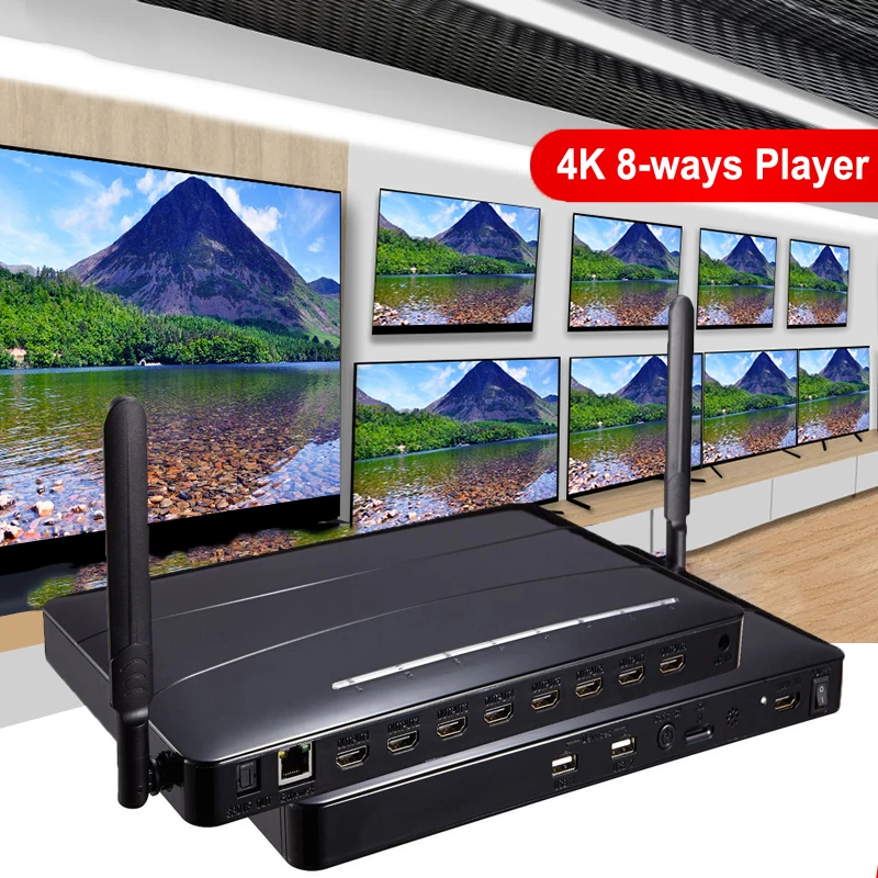 

4K 8-ways Video Streamer Box 1 IN 8 OUT HDMI Converter 8 Port Multi Media Player HDMI Splitter USB U Flash Player for TV Stores