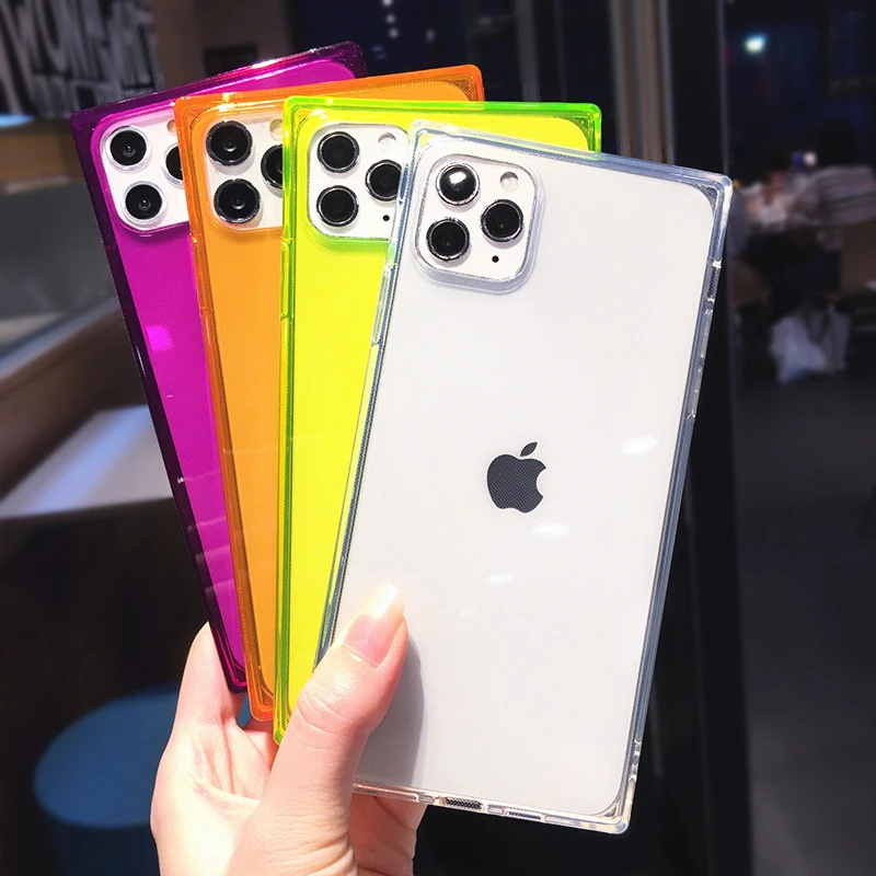 Квадратный неоновый флуоресцентный Прозрачный чехол для телефона iPhone 12 Pro 11 Max 7 8