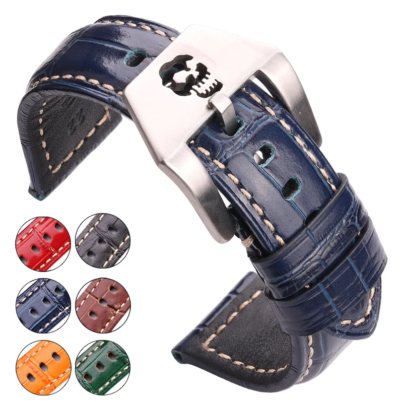 Cowhide Watchbands 20mm 22mm 24mm Genuine Leather Women Men Watch Band Strap Skull Hollow Buckle Red Blue Green Black Orange | Наручные