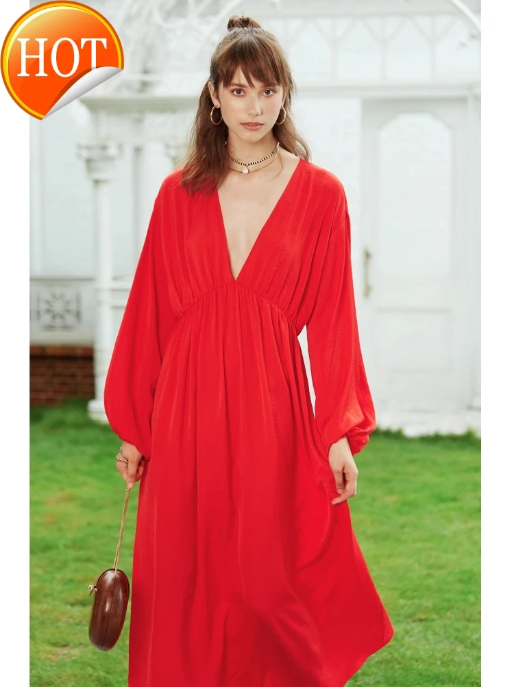 custom smart smoked skirt French retro Platycodon skirt long V-neck temperament waist long sleeve red holiday dress 
custom smart smoked skirt French retro Platycodon skirt long V-neck temperament waist long sleeve red holiday dress