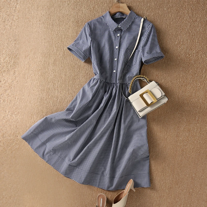 Summer New Dark Blue Plaid Cotton Dress Women Casual Short Sleeve A-LINE Slim Knee-Length Dresses Femme Party S-4XL
Summer New Dark Blue Plaid Cotton Dress Women Casual Short Sleeve A-LINE Slim Knee-Length Dresses Femme Party S-4XL