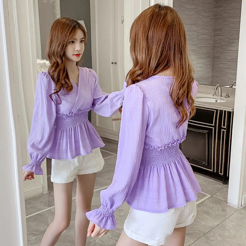 2021 spring new pleated waist V-neck design niche Shirt Long Sleeve Top 
2021 spring new pleated waist V-neck design niche Shirt Long Sleeve Top