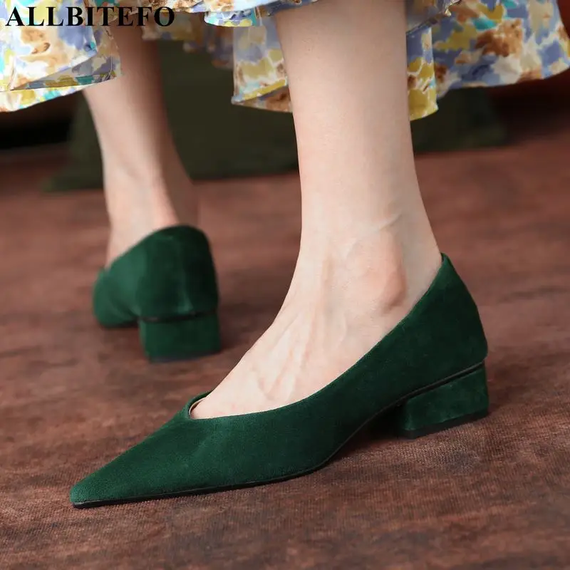 

ALLBITEFO Size 33-43 Sheepskin Suede Genuine Leather High Heel Shoes Autumn Green Fashion Party Women Heels Shoes High Heels