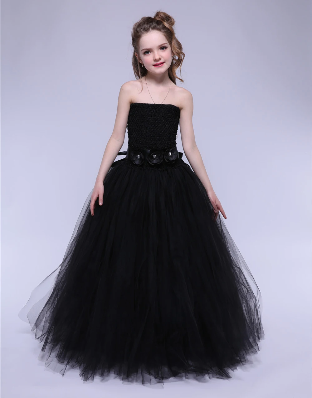 Solid Black Long Dress for Teenage Girls Princess Floor Dresses with Flower Belt Girl Halloween Pageant Costumes Kids 1-14Y | Детская