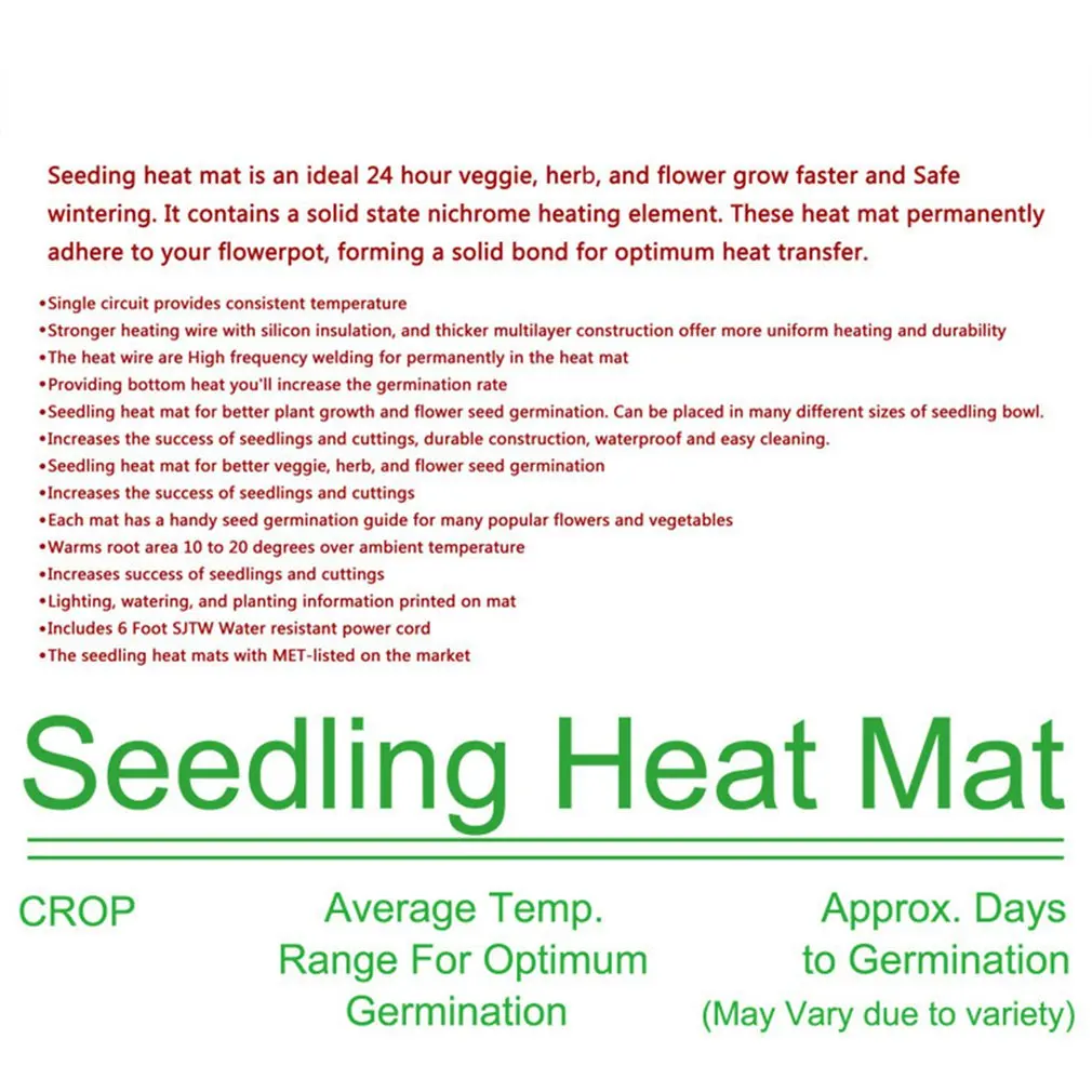 Seedling Heating Mat 20x20 Inches Waterproof Plant Seed Germination Propagation Clone Starter Pad Garden Supplie
Seedling Heating Mat 20x20 Inches Waterproof Plant Seed Germination Propagation Clone Starter Pad Garden Supplie
