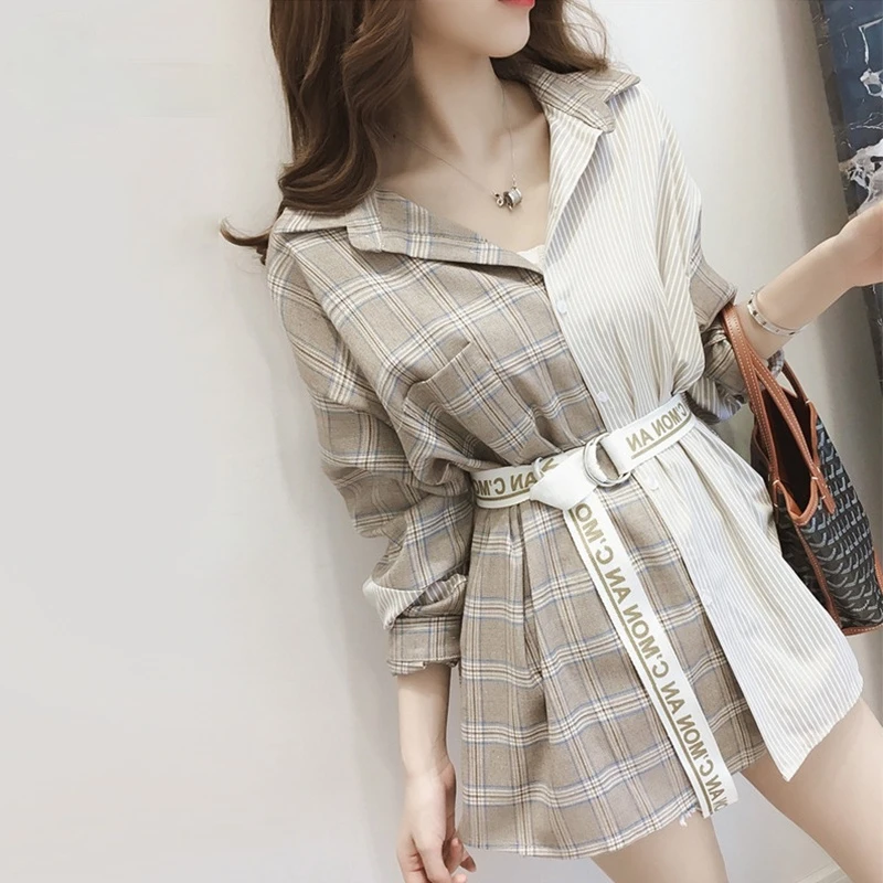Spring Autumn Asymmetrical Plaid Blouses Casual shirt Women Turn-down Collar Single-breasted Letter Sashes Tops Long Shirts
Spring Autumn Asymmetrical Plaid Blouses Casual shirt Women Turn-down Collar Single-breasted Letter Sashes Tops Long Shirts