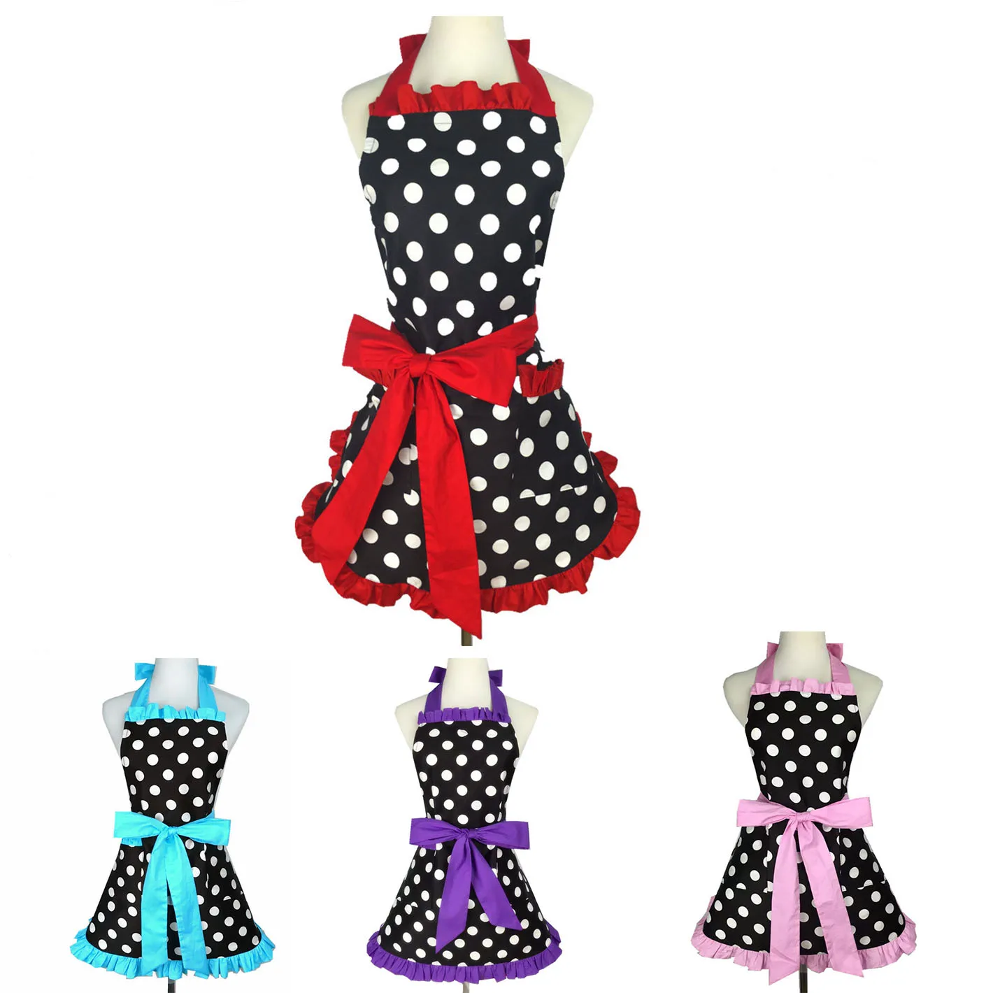 

Lovely Apron For Women Kitchen Cooking Work Clothes Polka Dot Princess Bowknot Waterproof Oilproof