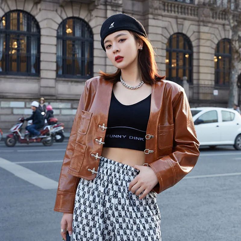 Women Black Coffee color V-neck Loose Short Faux PU Leather Jacket Streetwear Casual Motorcycle Biker Punk Outerwear Autumn 2021
Women Black Coffee color V-neck Loose Short Faux PU Leather Jacket Streetwear Casual Motorcycle Biker Punk Outerwear Autumn 2021