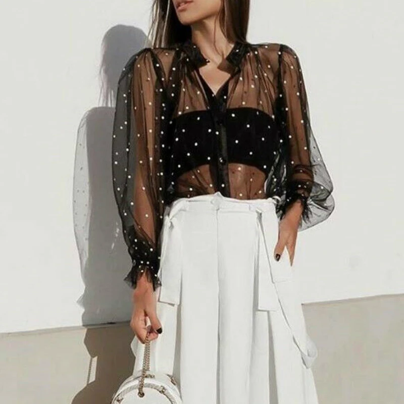 2020 Beach Mesh Tops Blouse Sexy Women Lady Puff Long Sleeve Stand Collar Shirt See-through Sheet Fishnet Black Beading Blusas 
2020 Beach Mesh Tops Blouse Sexy Women Lady Puff Long Sleeve Stand Collar Shirt See-through Sheet Fishnet Black Beading Blusas