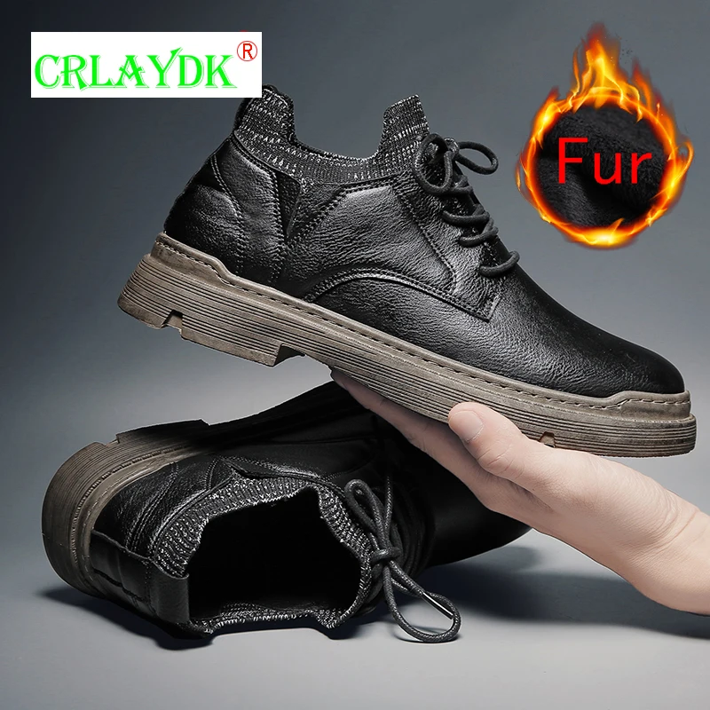 

CRLAYDK Men Leather Waterproof Low Top Boots Comfort Outdoor Walking Keep Warm Winter Fur Lined Shoes Work Casual Chukka Botines