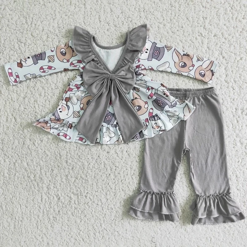 

Wholesale Christmas Baby Girl Fashion Boutique Clothing Reindeer Snowman Bow Top Ruffle Gray Solid Pants Children Outfit Clothes