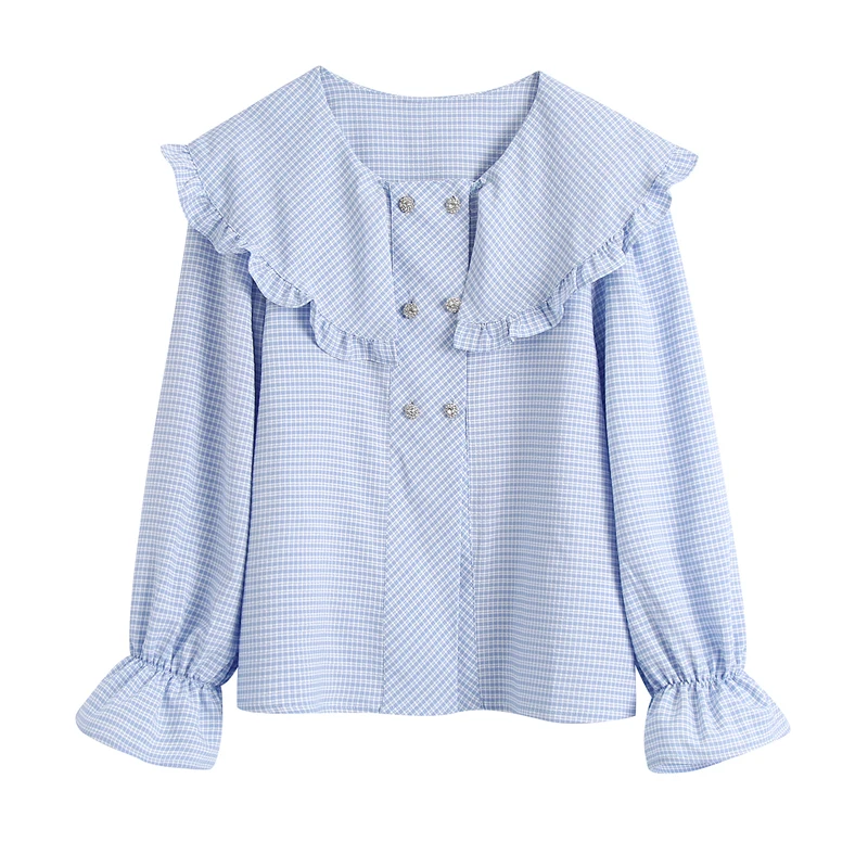 Women 2021za Sweet Fashion With Jewel Buttons Checked Blouses Blue Vintage Long Sleeve Ruffled Female Shirts Blusas Chic Top
Women 2021za Sweet Fashion With Jewel Buttons Checked Blouses Blue Vintage Long Sleeve Ruffled Female Shirts Blusas Chic Top
