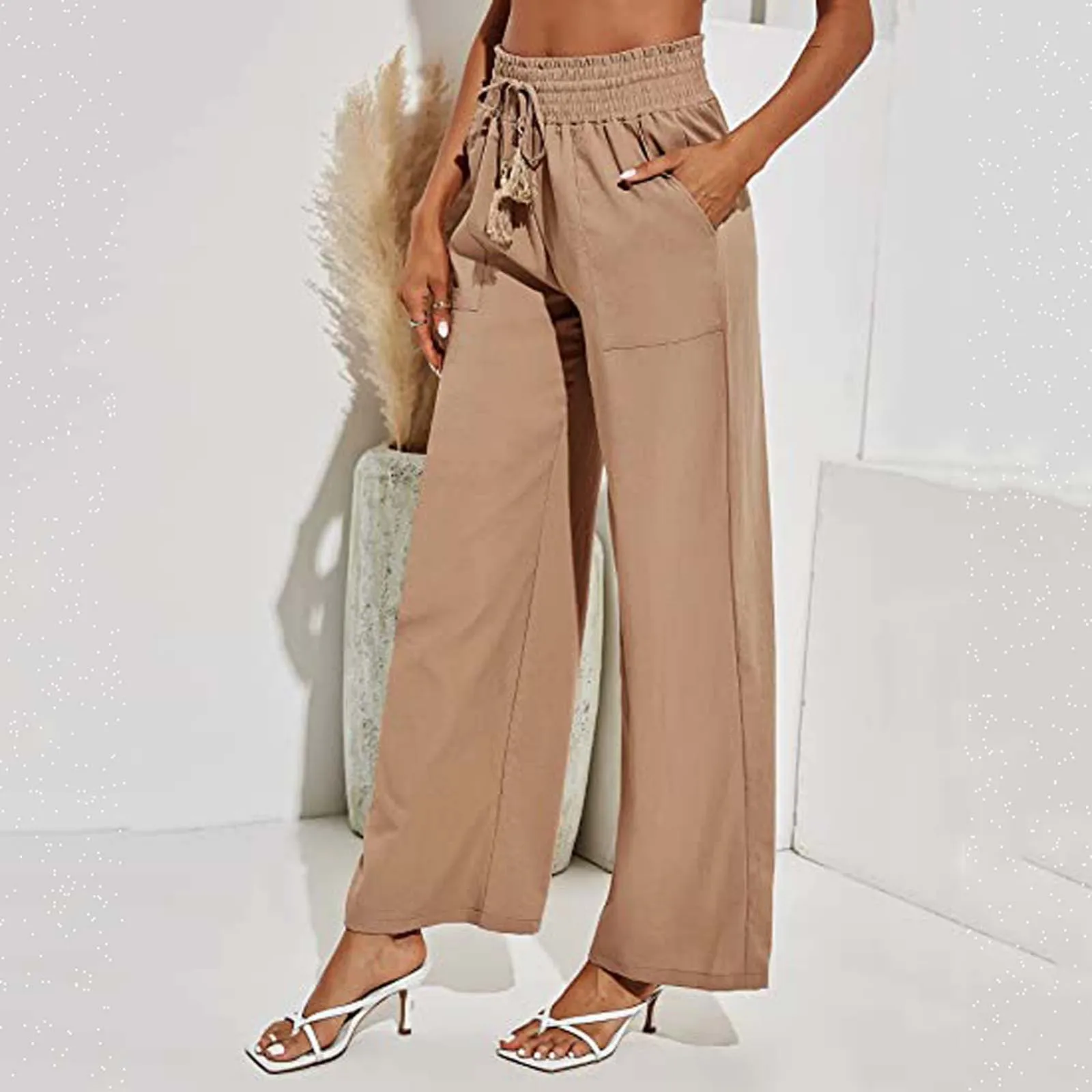Plus Size Khaki Linen Pants For Women Casual Loose Tightness Solid Elastic Waist Wide Leg Trousers Pocket Straight Pants 2021
Plus Size Khaki Linen Pants For Women Casual Loose Tightness Solid Elastic Waist Wide Leg Trousers Pocket Straight Pants 2021