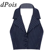 Womens Stripe Vests Elegant OL Waistcoat Suit Vest Halter Neck V-Neck Office Ladies Crop Tops Business Formal Work Wear Mujer