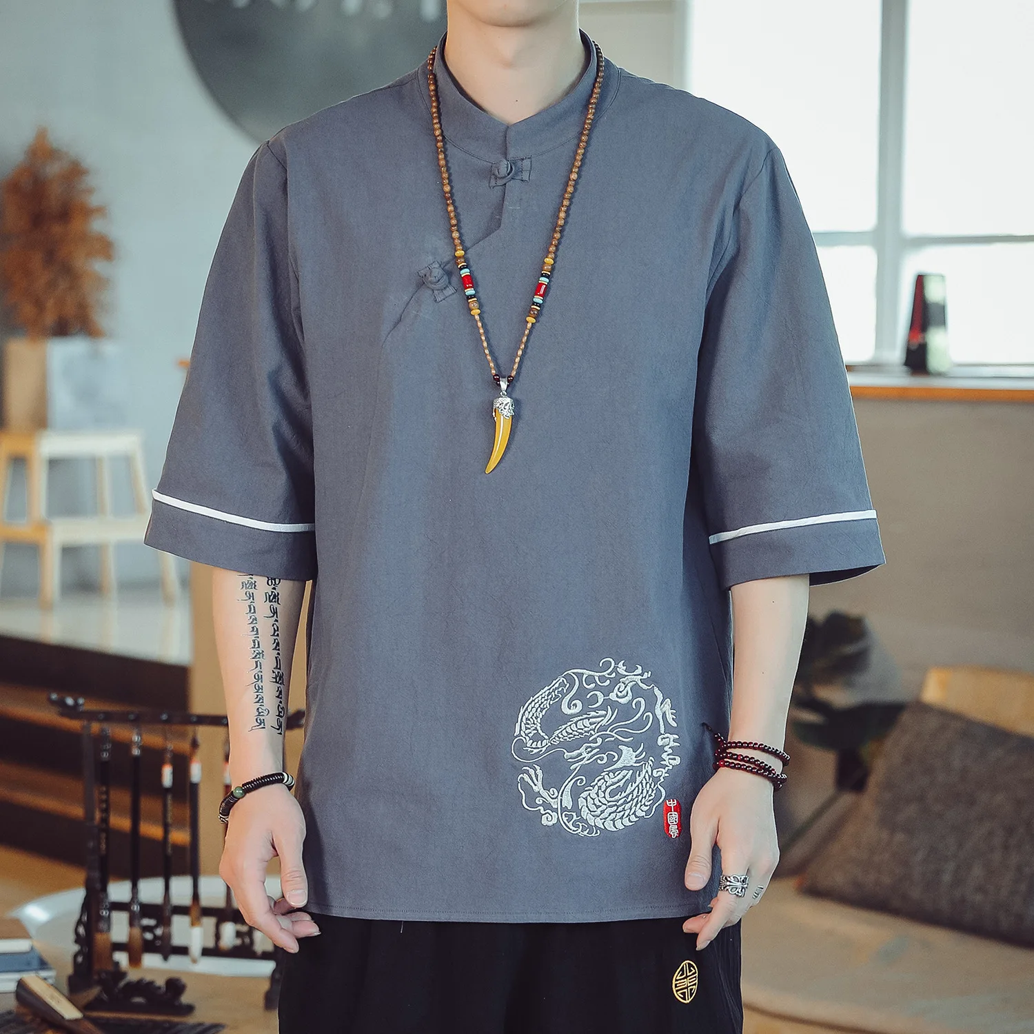Летняя тонкая льняная футболка с вышивкой в китайском стиле для молодых мужчин