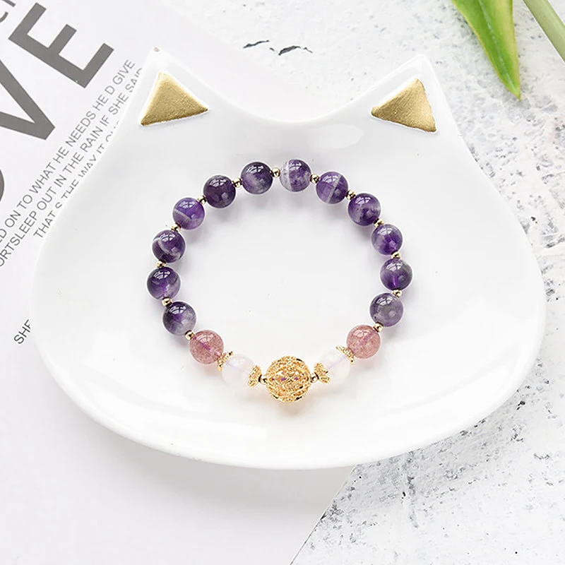 

Ruifan Gold Hollowed-out Bead Natrual Amethyst Strawberry Crystal White Moonstone Bracelet for Women Female Fine Jewelry YBR235