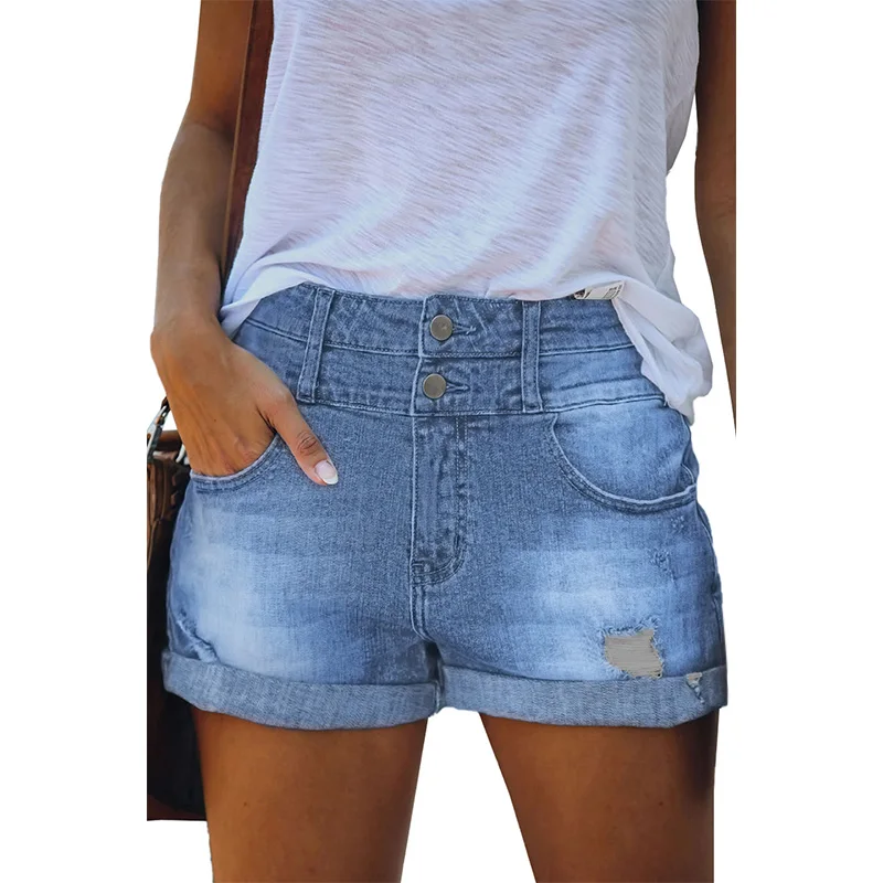 Женские джинсовые шорты с завышенной талией и манжетами небесно-голубого цвета 
Женские джинсовые шорты с завышенной талией и манжетами небесно-голубого цвета