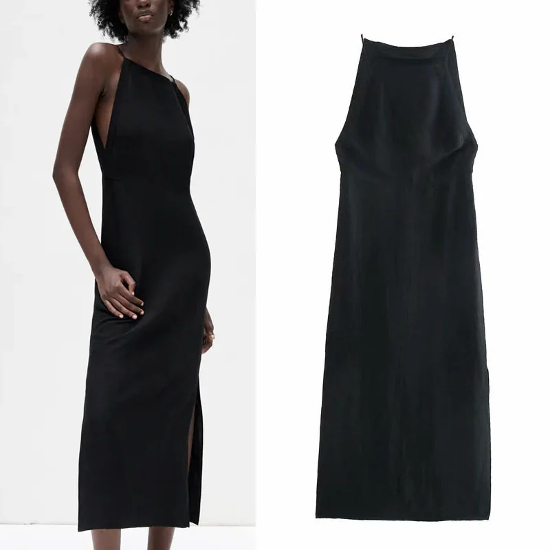 

Summer Linen Woman Midi Dress 2021 Za Vintage Sleeveless Straight Neck Black Dress Elegant Side Slit Hem Party Feminine Dresses